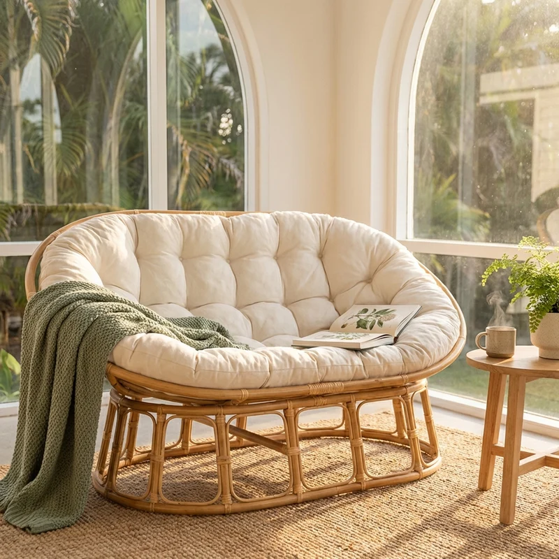 Divano due posti in rattan naturale con cuscini in cotone - KALENMIRA
