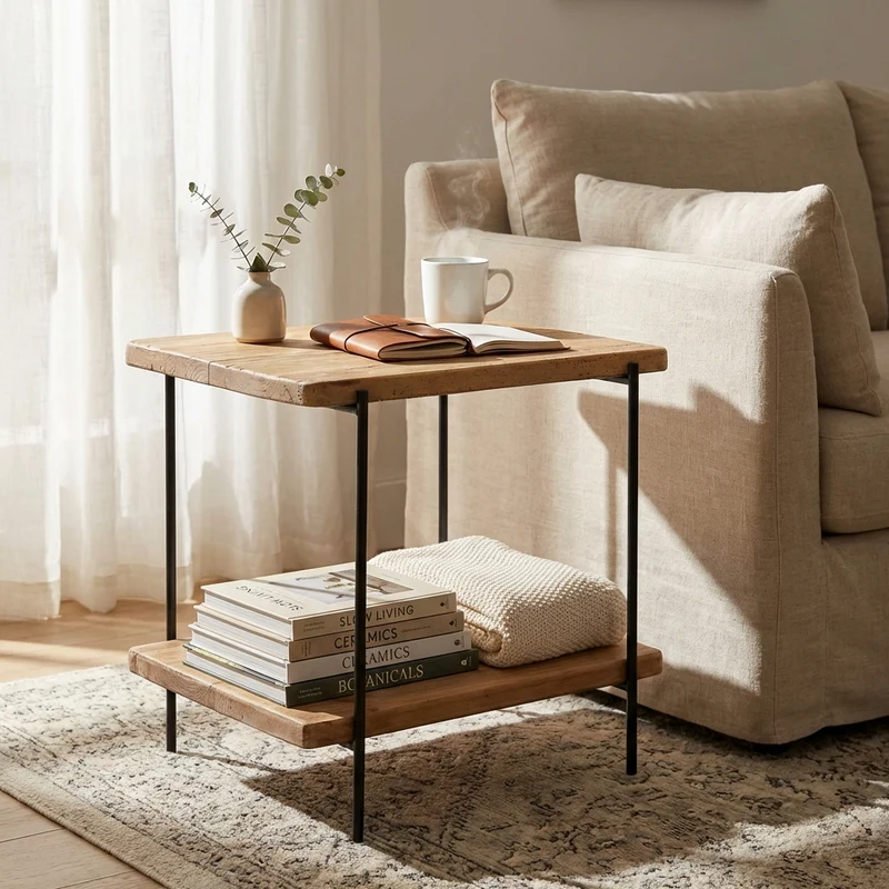 Tavolino in pino riciclato con doppio ripiano cm 50x40 - PINE