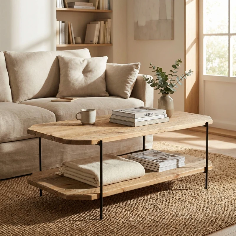 Tavolino in pino riciclato con doppio ripiano cm 120x60 - PINE