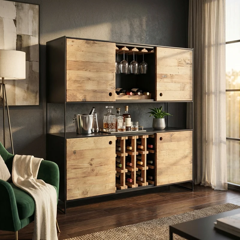 Credenza industrial con portabottiglie in pino riciclato - PINE