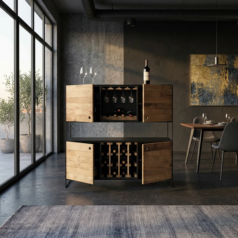 Credenza industrial con portabottiglie in pino riciclato - PINE