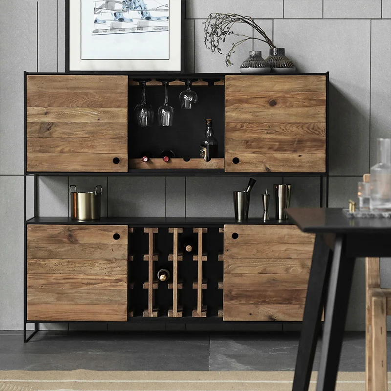 Credenza industrial con portabottiglie in pino riciclato - PINE
