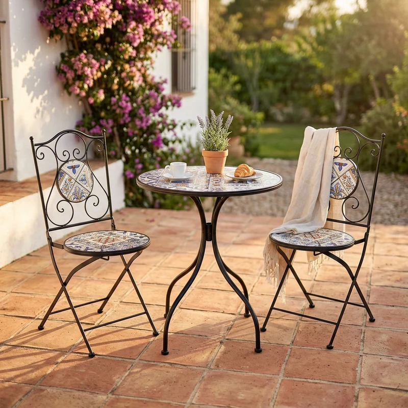 Set tavolo e sedie da giardino in acciaio e mosaico - HELENE