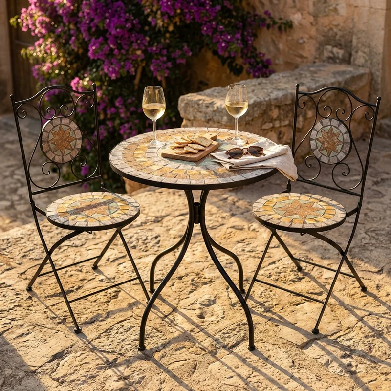 Set tavolo e sedie da giardino in acciaio e mosaico - HELENE