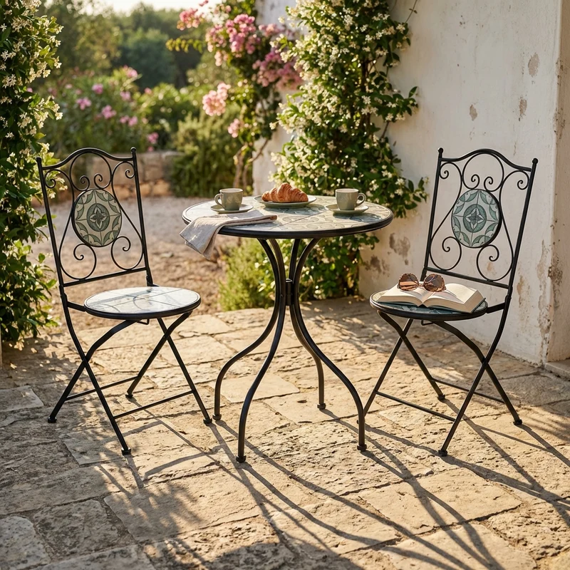 Set tavolo e sedie da giardino in acciaio e mosaico - HELENE
