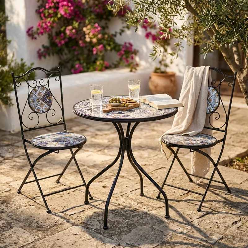 Set tavolo e sedie da giardino in acciaio e mosaico - HELENE