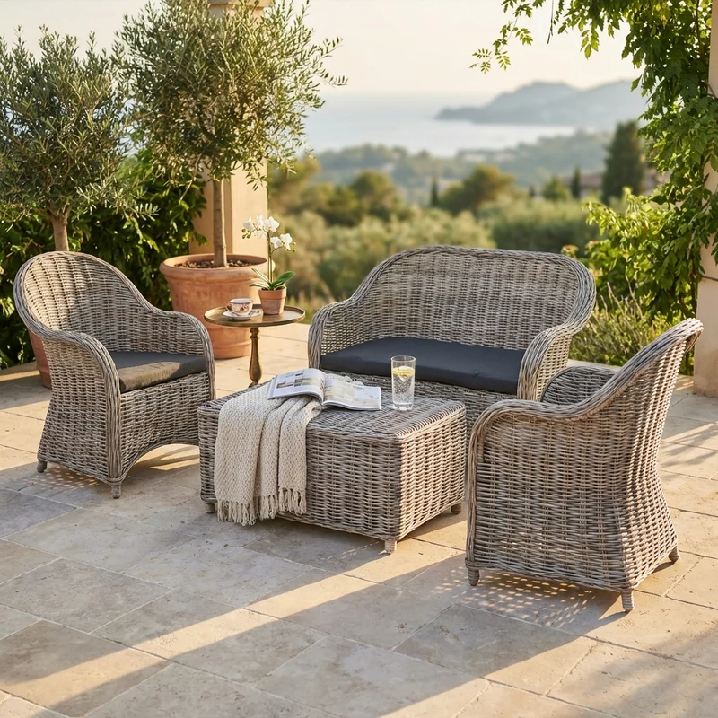 Salotto da Giardino con cuscini 4 posti in Rattan naturale - HARMON
