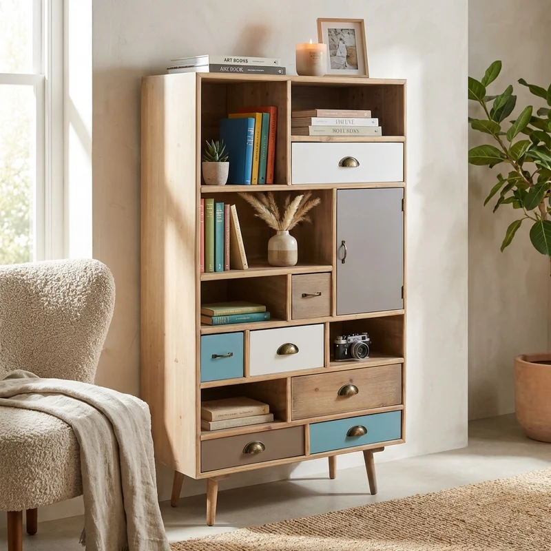 Mobiletto 6 ripiani 1 anta 7 cassetti in Legno cm 80x36 5x121 - MANNY