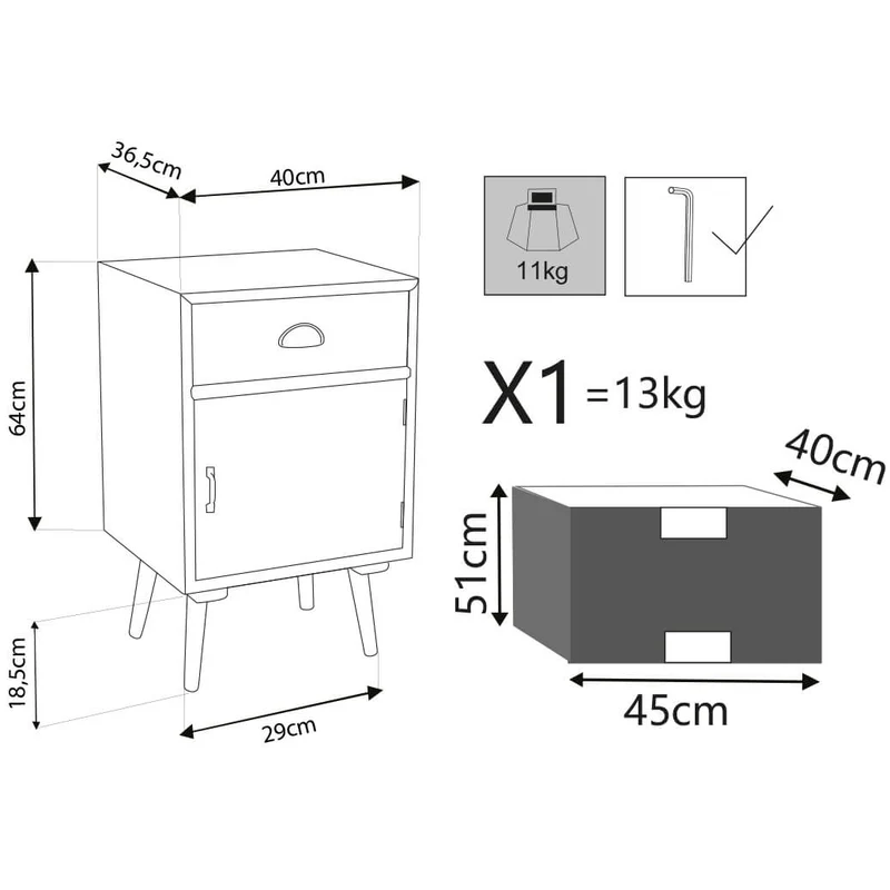 Mobiletto 1 anta 1 cassetto in Legno cm 40x36 5x46 - LUCAS