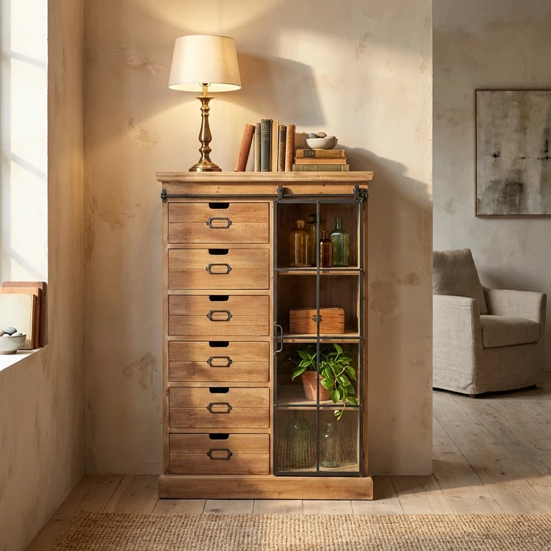 Cassettiera con anta scorrevole in Legno Metallo cm 82x39 5x123 - BRENNAN