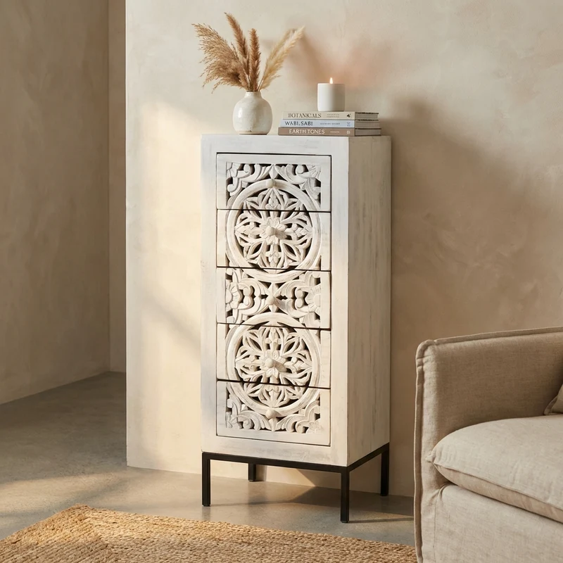Cassettiera con decoro 5 cassetti in Legno Metallo cm 45x35x105 - KONNOR