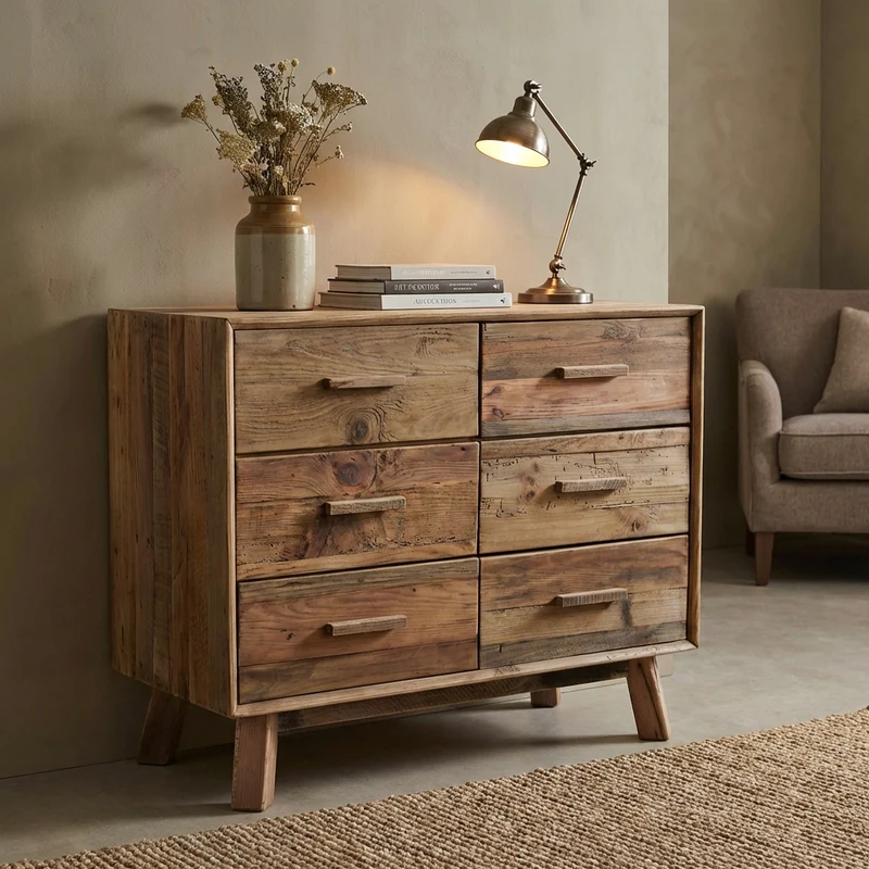 Cassettiera con 6 cassetti in Pino riciclato cm 102 6x48x85 - PINE