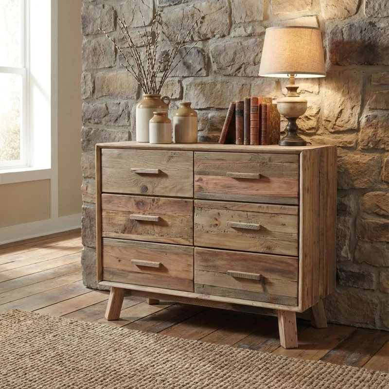 Cassettiera con 6 cassetti in Pino riciclato cm 102 6x48x85 - PINE