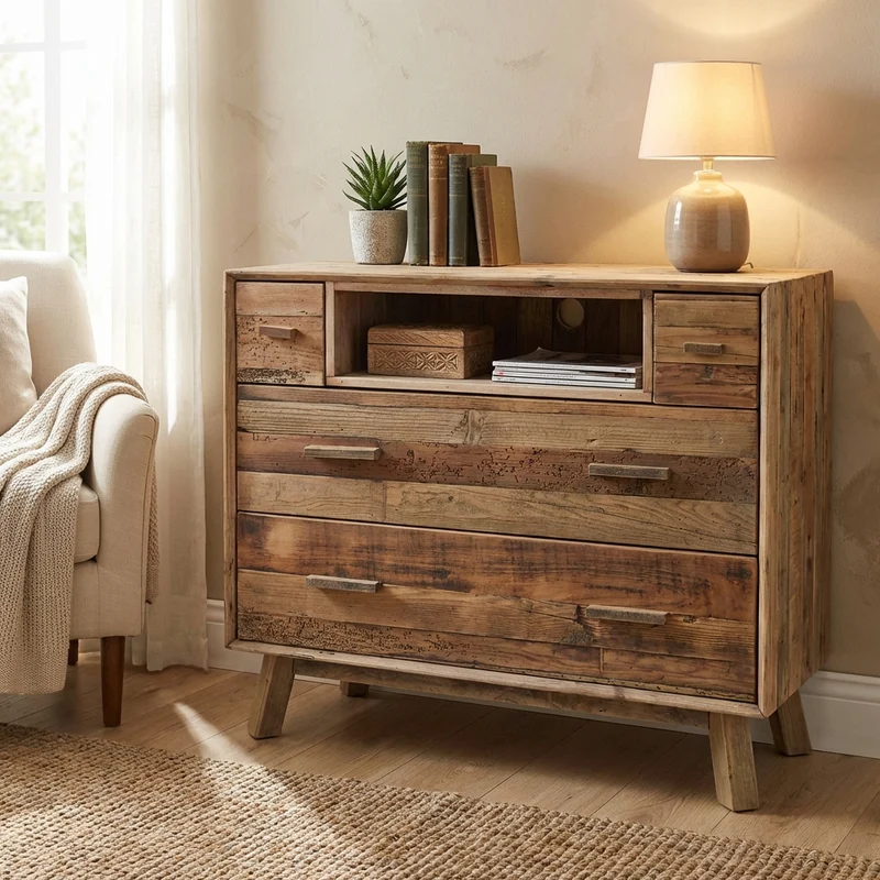 Cassettiera con 4 cassetti in Pino riciclato cm 110x48x92 - PINE