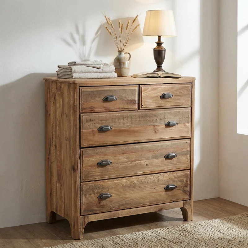 Cassettiera con 5 cassetti in Pino riciclato cm 90x48x100 - PINE