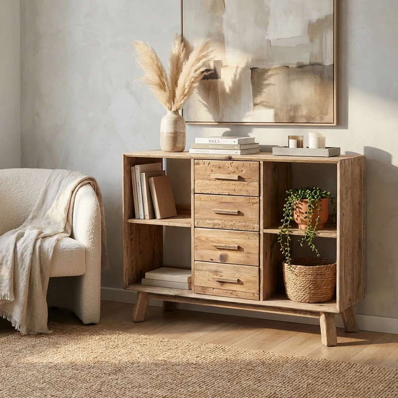 Credenza con 4 cassetti in Pino riciclato cm 120x40x90 - PINE