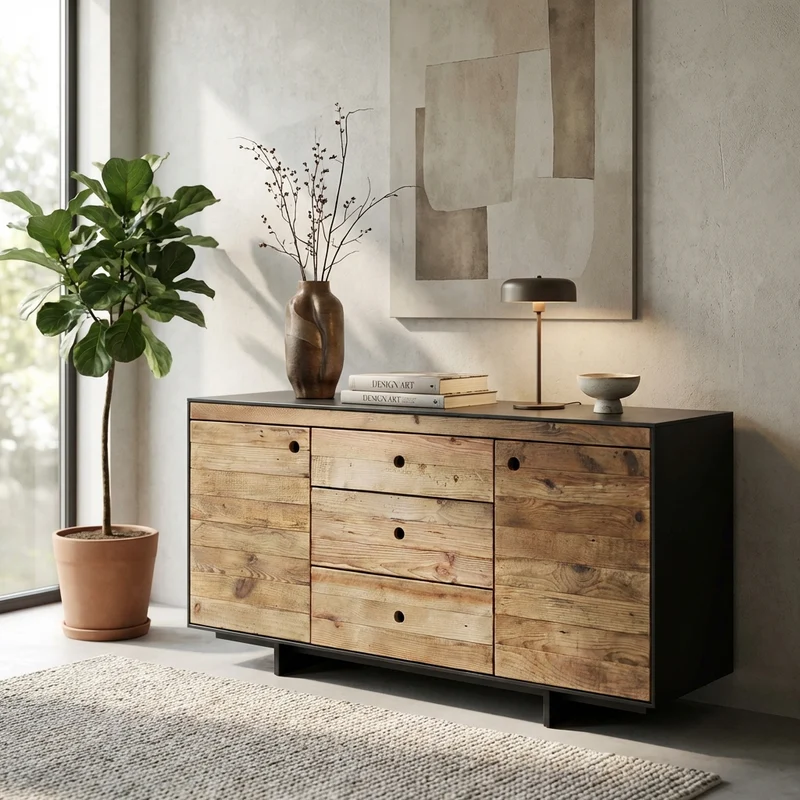 Madia 2 ante 3 cassetti in Pino riciclato cm 150x48x76 - PINE