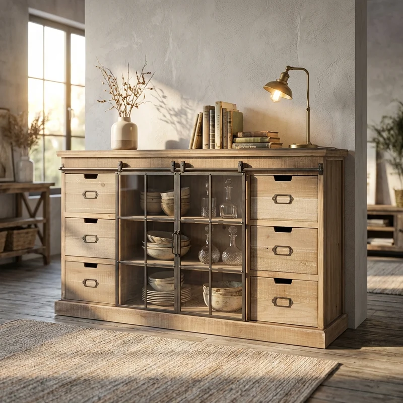 Madia per soggiorno Industrial in Legno Vetro cm 147 5x39x81 5 - XZAVIER