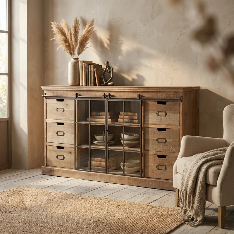 Madia per soggiorno Industrial in Legno Vetro cm 147 5x39x81 5 - XZAVIER