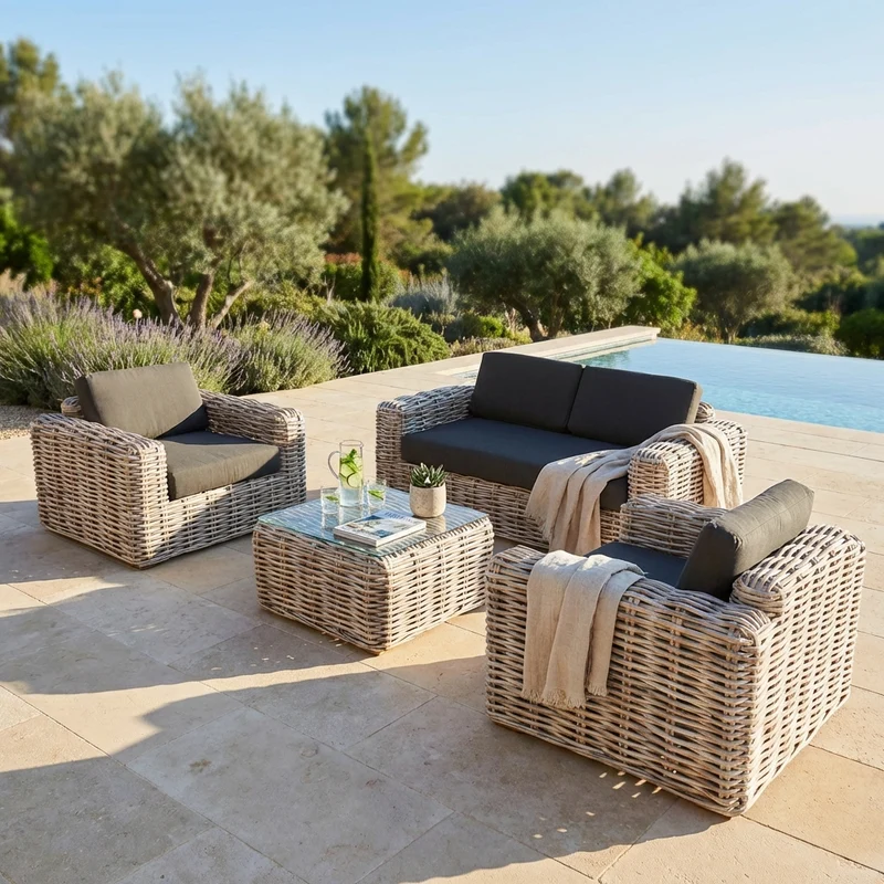 Salotto da Giardino con cuscini 4 posti in Rattan naturale - OSBOURNE
