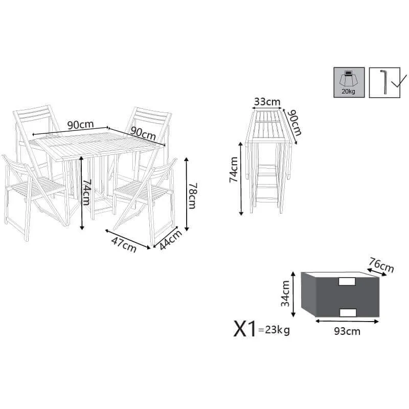 Set tavolo da Giardino Pieghevole con 4 sedie in Legno Acacia cm 90x90x74 - JONATHON
