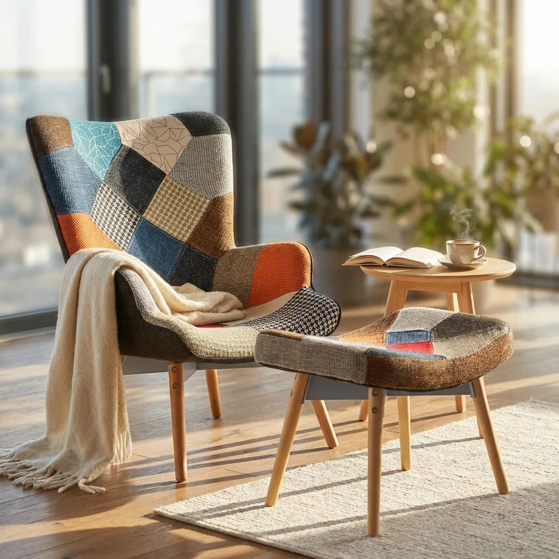 Poltrona con poggiapiedi Patchwork Svandinava in Legno Acciaio Tessuto cm 75x69x91 5 - TYRESE