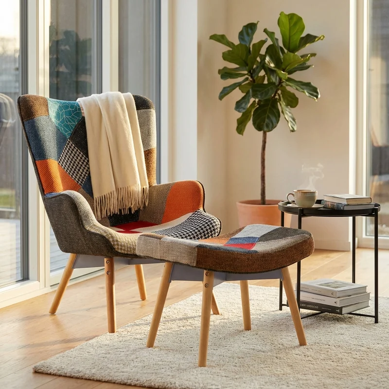 Poltrona con poggiapiedi Patchwork Svandinava in Legno Acciaio Tessuto cm 75x69x91 5 - TYRESE
