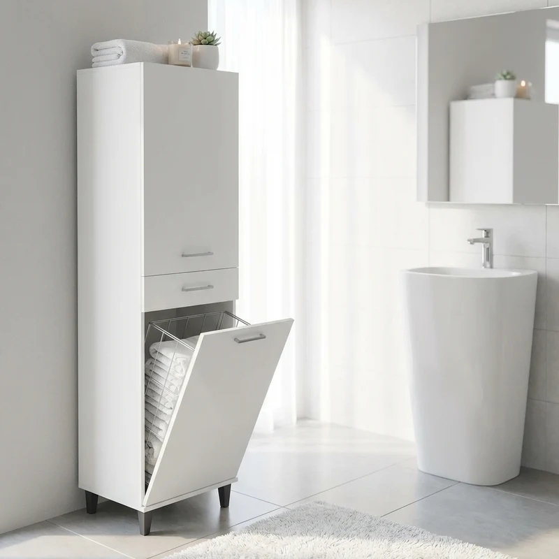 Armadietto da Bagno con portabiancheria in Legno Composito cm 45x40x190 - INGRAM
