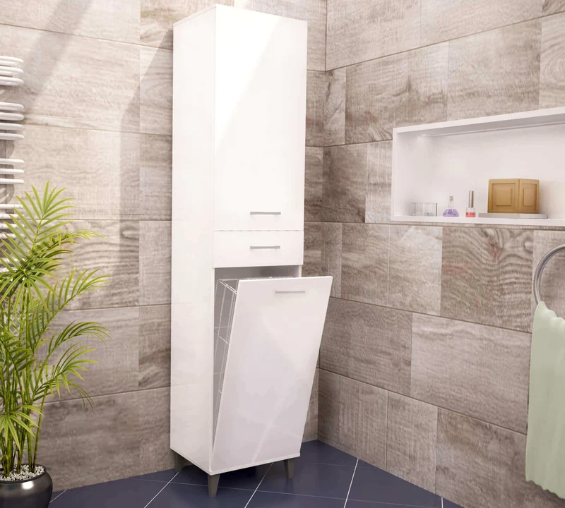 Armadietto da Bagno con portabiancheria in Legno Composito cm 45x40x190 - INGRAM