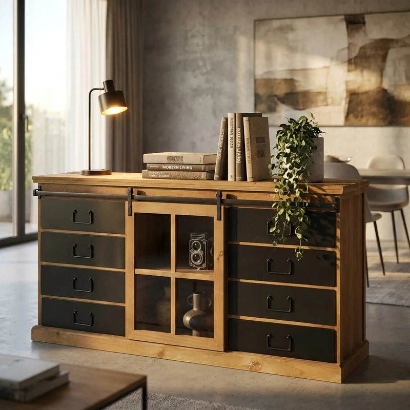 Madia Industrial in Acciaio Legno cm 147x42 3x75 - JERRARD