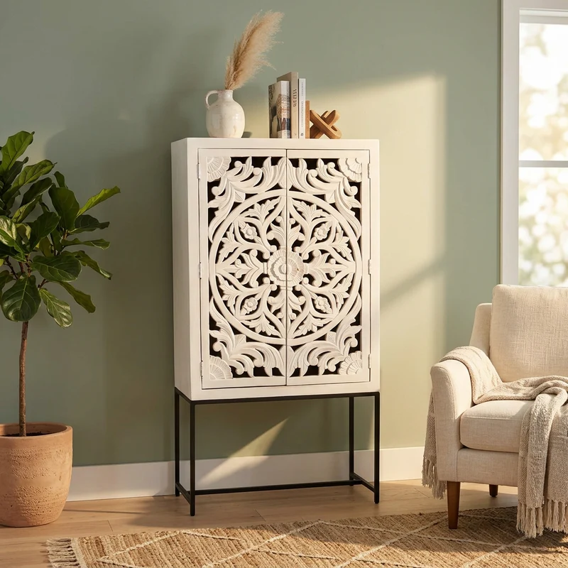 Credenza con decoro 2 ante in Legno Metallo cm 90x40x176 - KONNOR