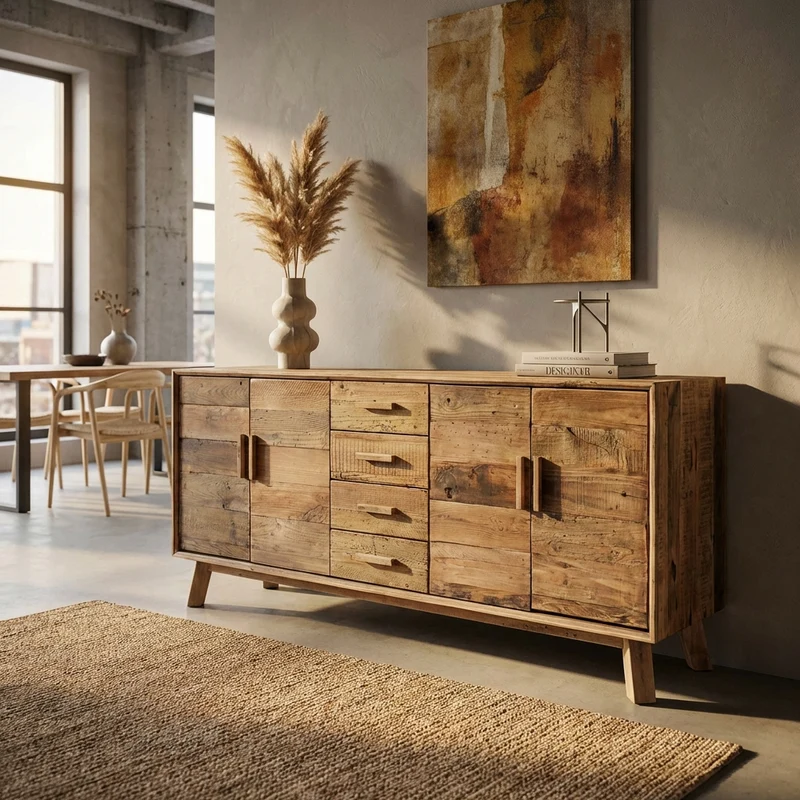 Madia con 4 ante e 4 cassetti in Pino riciclato cm 200x48x85 - PINE