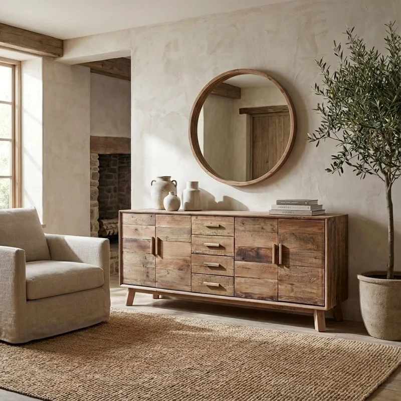 Madia con 4 ante e 4 cassetti in Pino riciclato cm 200x48x85 - PINE
