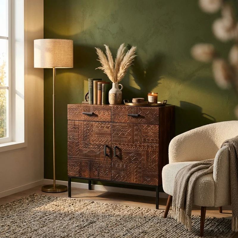 Cassettiera con decoro 2 ante 2 cassetti in Legno Metallo cm 90x40x85 - GIDEON