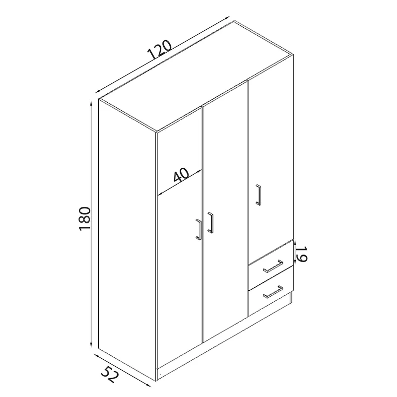 Armadio con 3 ante 2 cassetti in Legno Composito cm 120x52x190 - JOEY