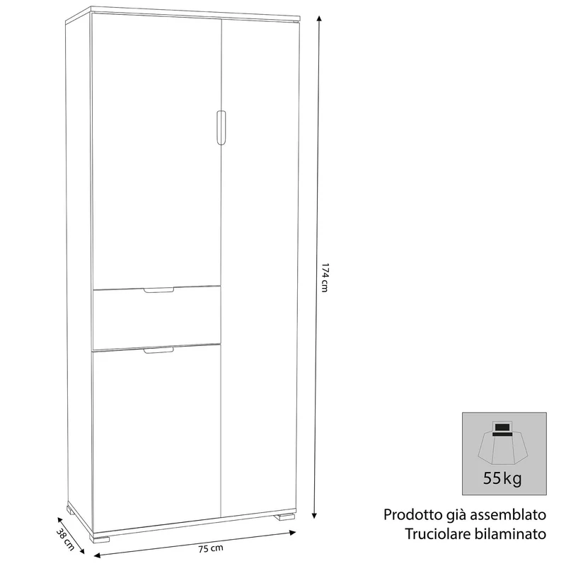 Armadio con 3 ante e un cassetto in Legno Composito cm 75x38x174 - KADEN