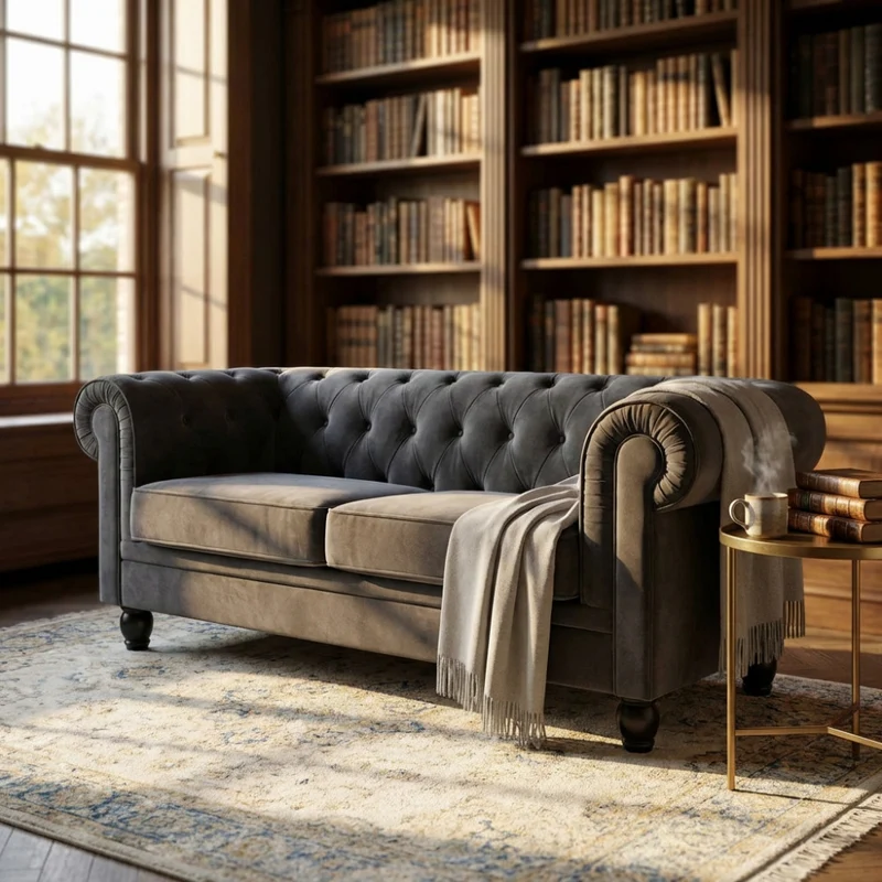 Divano 3 Posti Chesterfield in Velluto Taupe