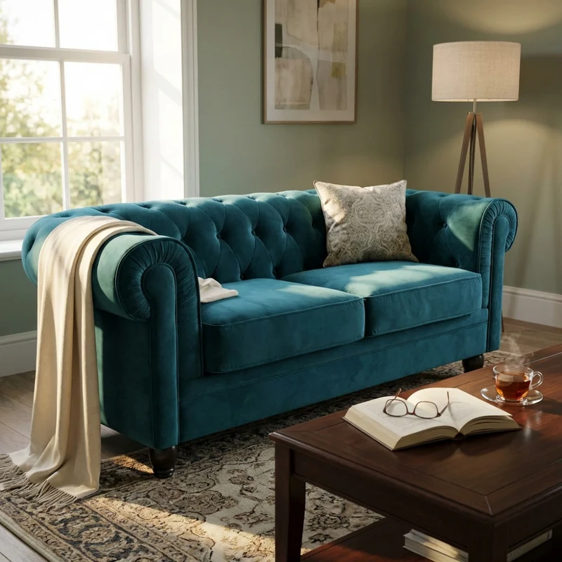 Divano 3 Posti Chesterfield in Velluto Blu Trapuntato