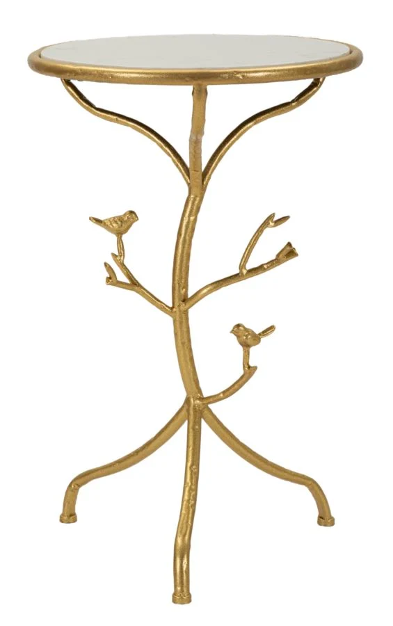 Tavolino rotondo effetto marmo con struttura dorata decorativa - BIRDS