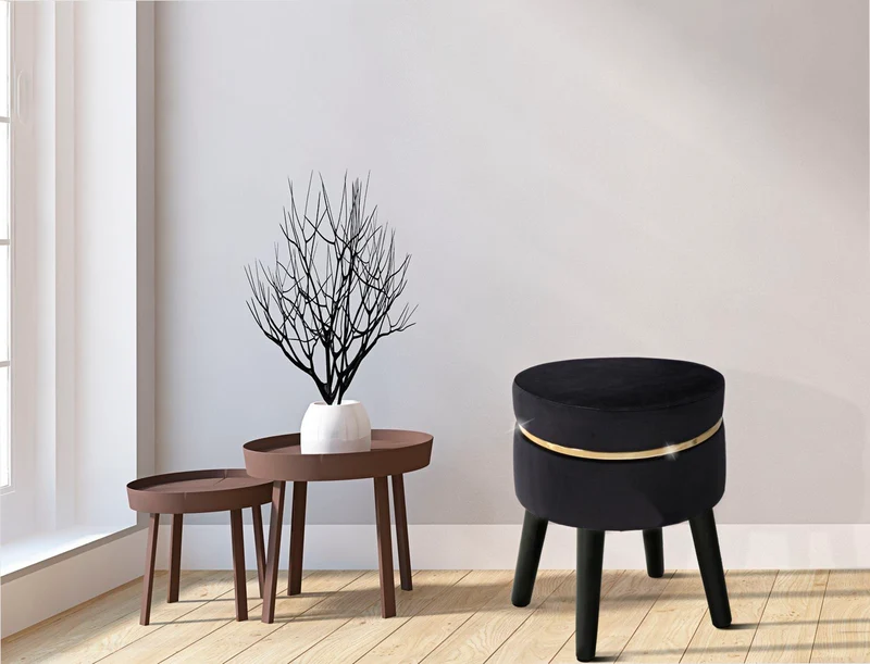 Sgabello in legno e velluto nero con fascia dorata stile vintage - PARIS NERO