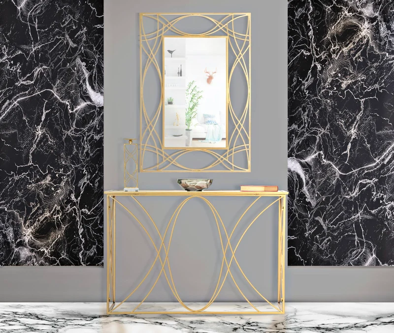 Console in Metallo Dorato con Piano in Vetro Specchio 120x40x80 - EXY