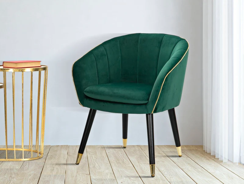 Poltrona imbottita in tessuto con rifiniture dorate e gambe in legno - PARIS