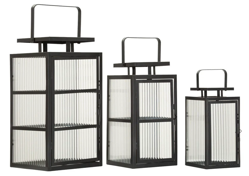 Set 3 Lanterne in Metallo con Vetro Temperato Zigrinato - ANDROMEDA