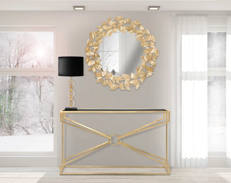 Specchio rotondo da parete in metallo dorato con foglie decorative - FOGLIE ROUND
