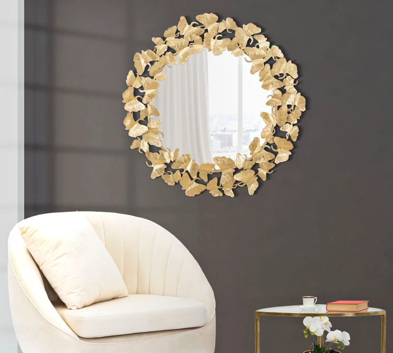Specchio rotondo da parete in metallo dorato con foglie decorative - FOGLIE ROUND