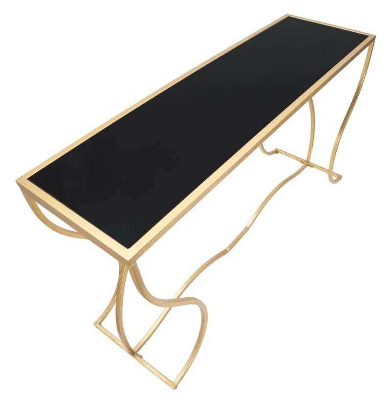 Console in Metallo Dorato con Ripiano in Vetro Temprato Nero 130cm - SUNSHINE
