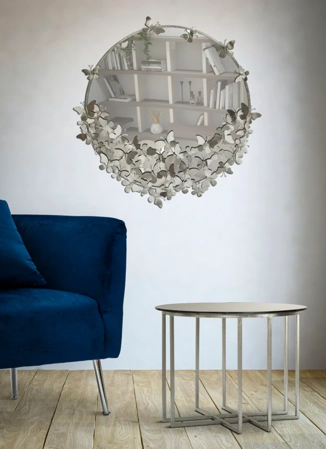 Specchio rotondo da parete in metallo argentato con decorazioni farfalle - FARFALLE