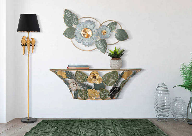 Console da Parete Semicircolare in Metallo Dorato con Piano in Vetro - AMAZ