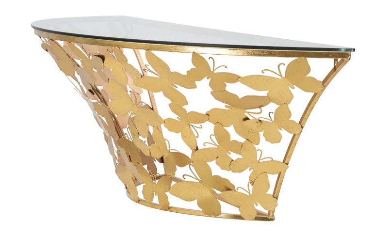 Console da parete semicircolare in metallo dorato con piano in vetro - BUTTERFLIES