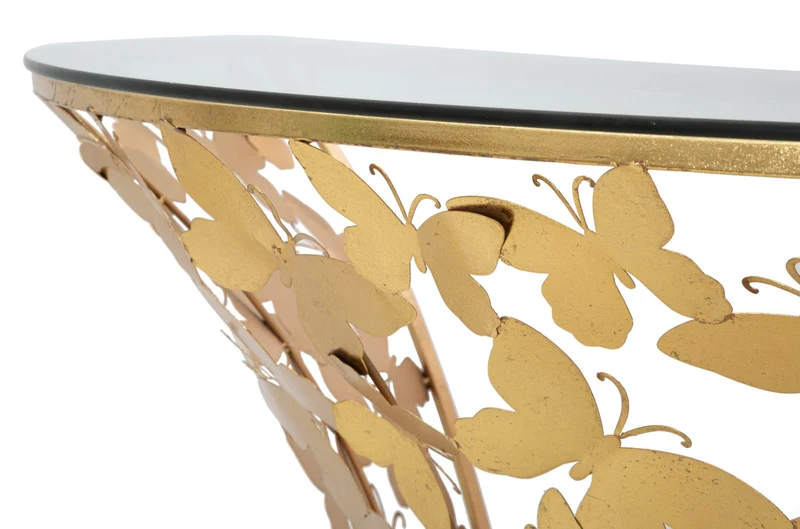 Console da parete semicircolare in metallo dorato con piano in vetro - BUTTERFLIES